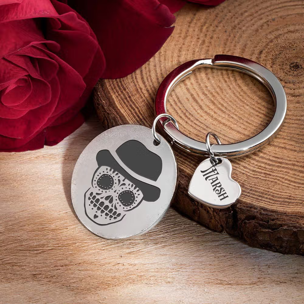 Personalized Day of the Dead Skull Keychain Keyring with Name Halloween Gift for Gothic lovers