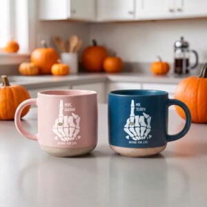Personalized Couple Skeleton Rings Pattern Ceramic Coffee Mug with Surname and Text Daily Use Birthday Halloween Gift for Halloween Lover Couple