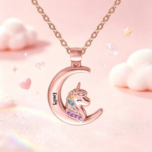 Personalized Fantasy Unicorn Moon Pendant Necklace with Engraved Name Colorful Zircon Jewelry Birthday Gift for Girl Kid Daughter
