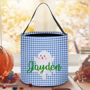 Personalized Bat Pumpkin Black Cat Grid Trick or Treat Candy Bucket Bag with Handle Reusable Halloween Party Supplies Gift for Kids