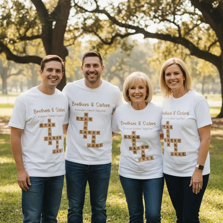 Names & Any Words Turn Into Forever Linked Crossword Art Personalized Cotton T-shirt, Unique Gift for Siblings, Family and Any Bond, Perfect for Reunions, Birthdays, Family Occasions