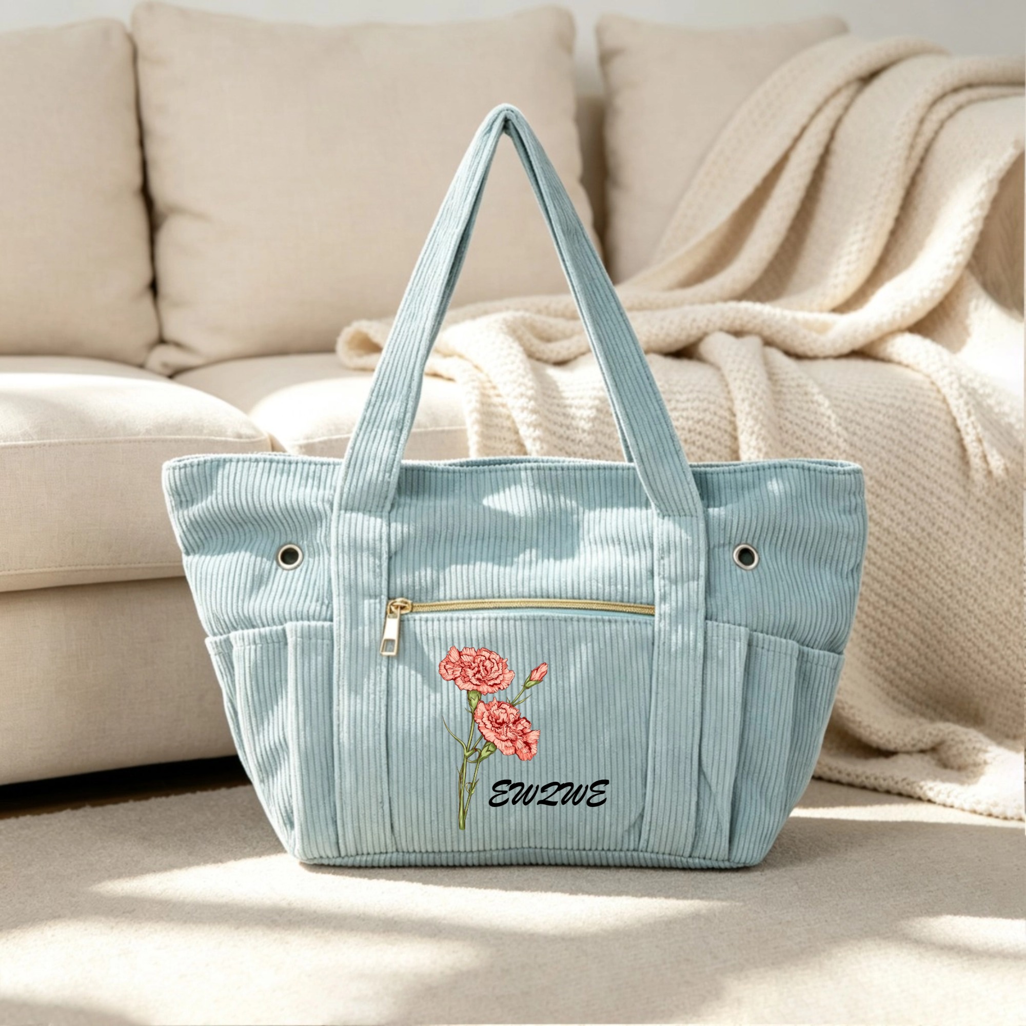 Personalized Multicolor Birth Flower Large Corduroy Tote Bag with Name Daily Use Birthday Gift for Mom Grandma Crochet Enthusiast