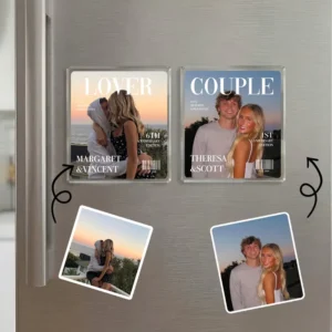 Personalised Magazine-Style Couple Photo Fridge Magnet with Title Date and Name Anniversary Birthday Gift for Couple Newlyweds