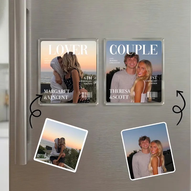 Personalised Magazine-Style Couple Photo Fridge Magnet with Title Date and Name Anniversary Birthday Gift for Couple Newlyweds