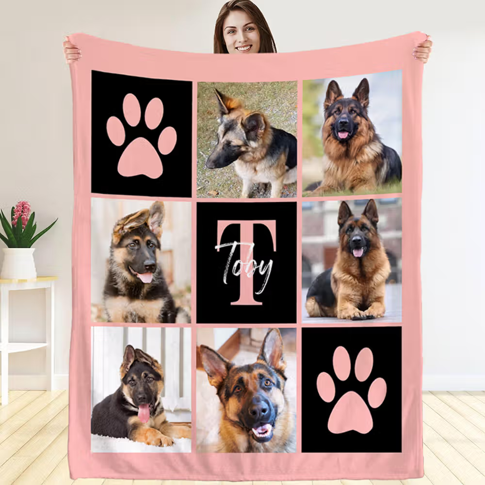 Personalized Multicolor Paw Print 6 Pet Photos Soft Fleece Throw Blanket with Name & Initial, Perfect Sympathy & Memorial Gift for Cat Dog Lovers