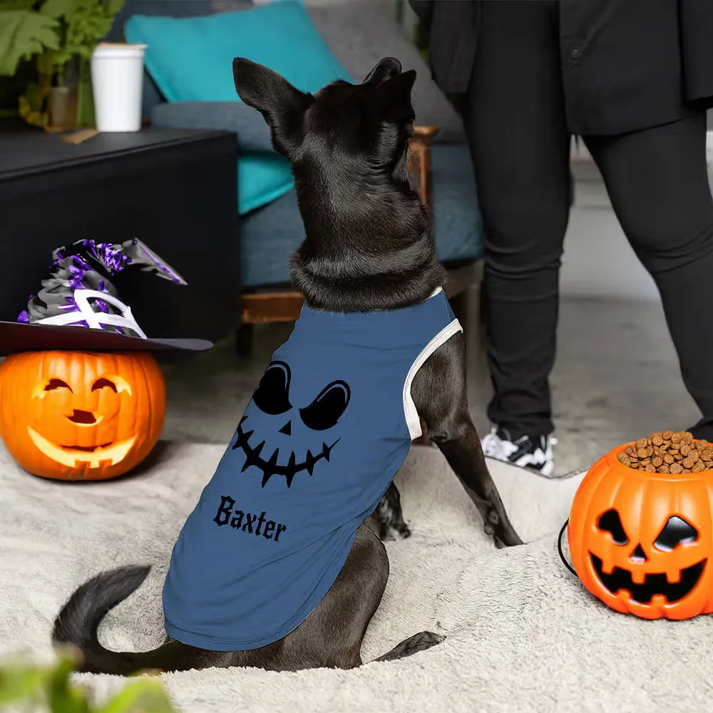 Personalized Pumpkin Face 100% Cotton Sleeveless Dog Shirt with Name Funny Pet Costume Halloween Gift for Pet Lovers Owners