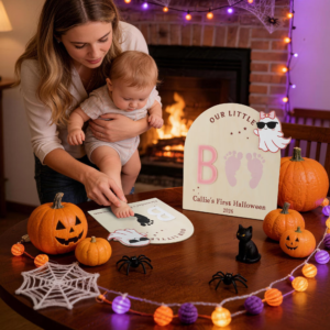 Personalized Ghost Bat Wooden DIY Footprint Art Sign with Name and Year Baby's First Halloween Gift for Baby New Parent