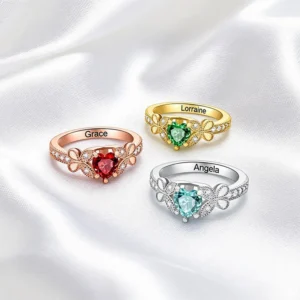 Heart-Shaped Ring Featuring A Butterfly And Cubic Zirconia; Custom With A Name And Birthstone—An Ideal Gift For Women For Birthdays, Anniversaries, Or Valentine's Day.