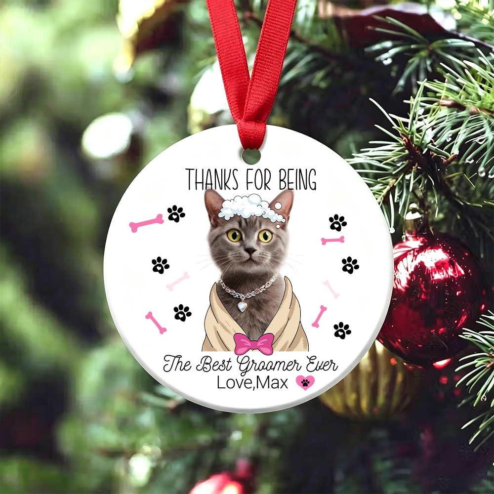 Personalized Dog Bone Paw Cartoon Pet Photo Round Ceramic Ornament with Name Birthday Home Decor Gift for Pet Groomer Lover