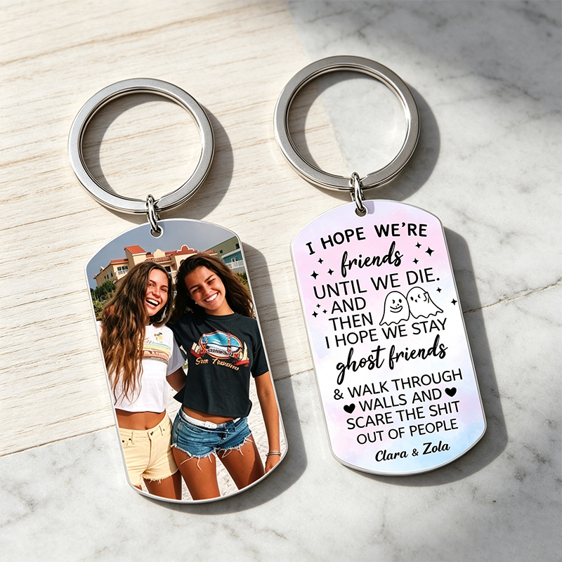 Custom Ghost Friends Design, Personalized Stainless Steel Keychain with Photo and Name, Unique Gift for Besties, Friendship Keepsake