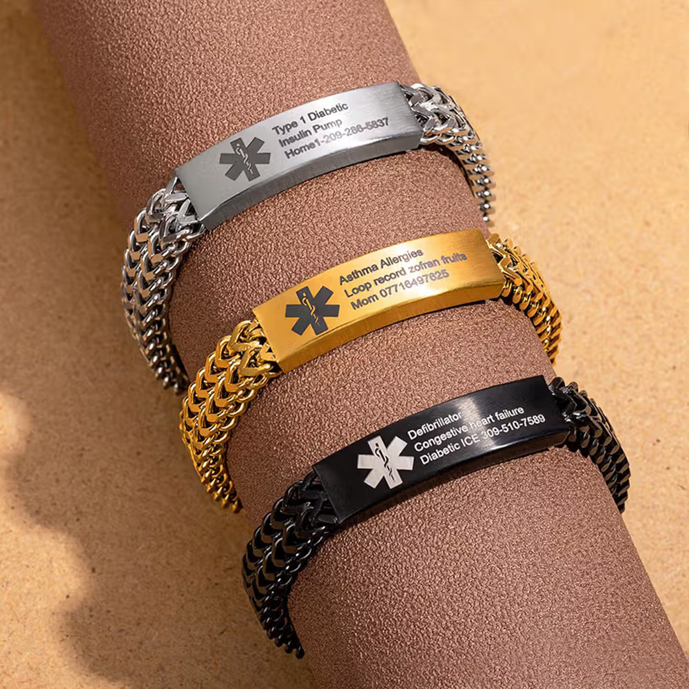 Personalized Men Medical Emergency ID Alert Bracelet with Text Gift for Epilepsy Diabetes Allergy Patients