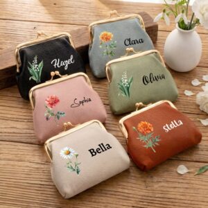 Personalized Multicolor Birth Flower PU Leather Coin Purse with Name Birthday Wedding Gift for Mom Grandma Bride Bridesmaid