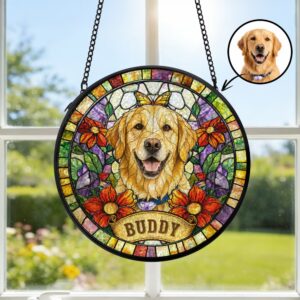 Personalized Pet Photo Stained Glass Style Window Hanging with Name Home Decor Pet Memorial Gift for Pet Owner