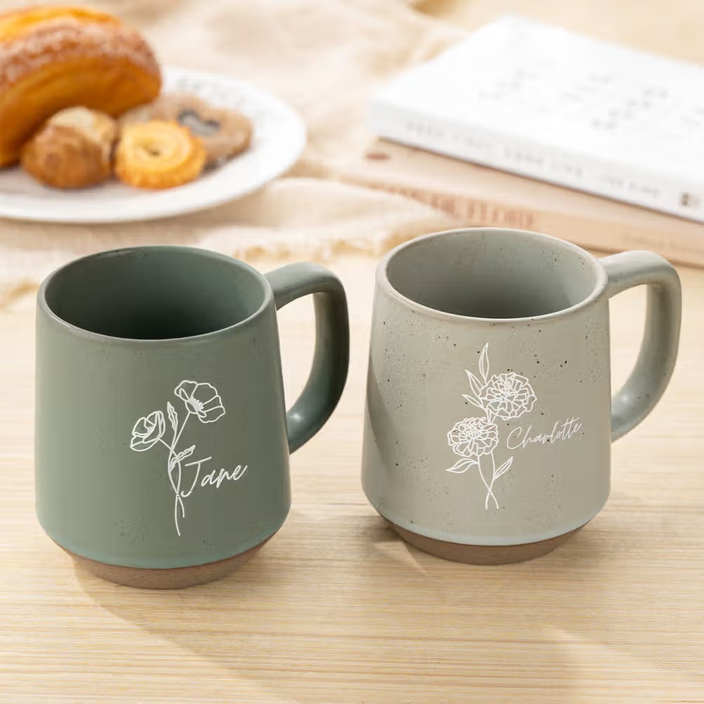 Personalized Birth Flower Retro Handmade Stoneware 12oz Mug with Name Housewarming Birthday Mother's Day Gift for Mom Grandma