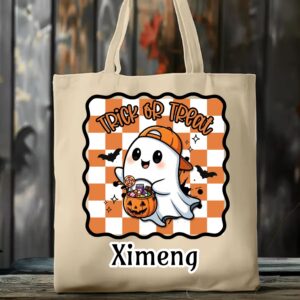 Personalized Fun Halloween Pumpkin Ghost Trick or Treat Canvas Tote Bag with Name Halloween Party Gift for Family Kids