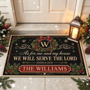 We Will Serve the Lord Standard Doormat, Personalized Christmas Entryway Decor, Creative Gift for Family