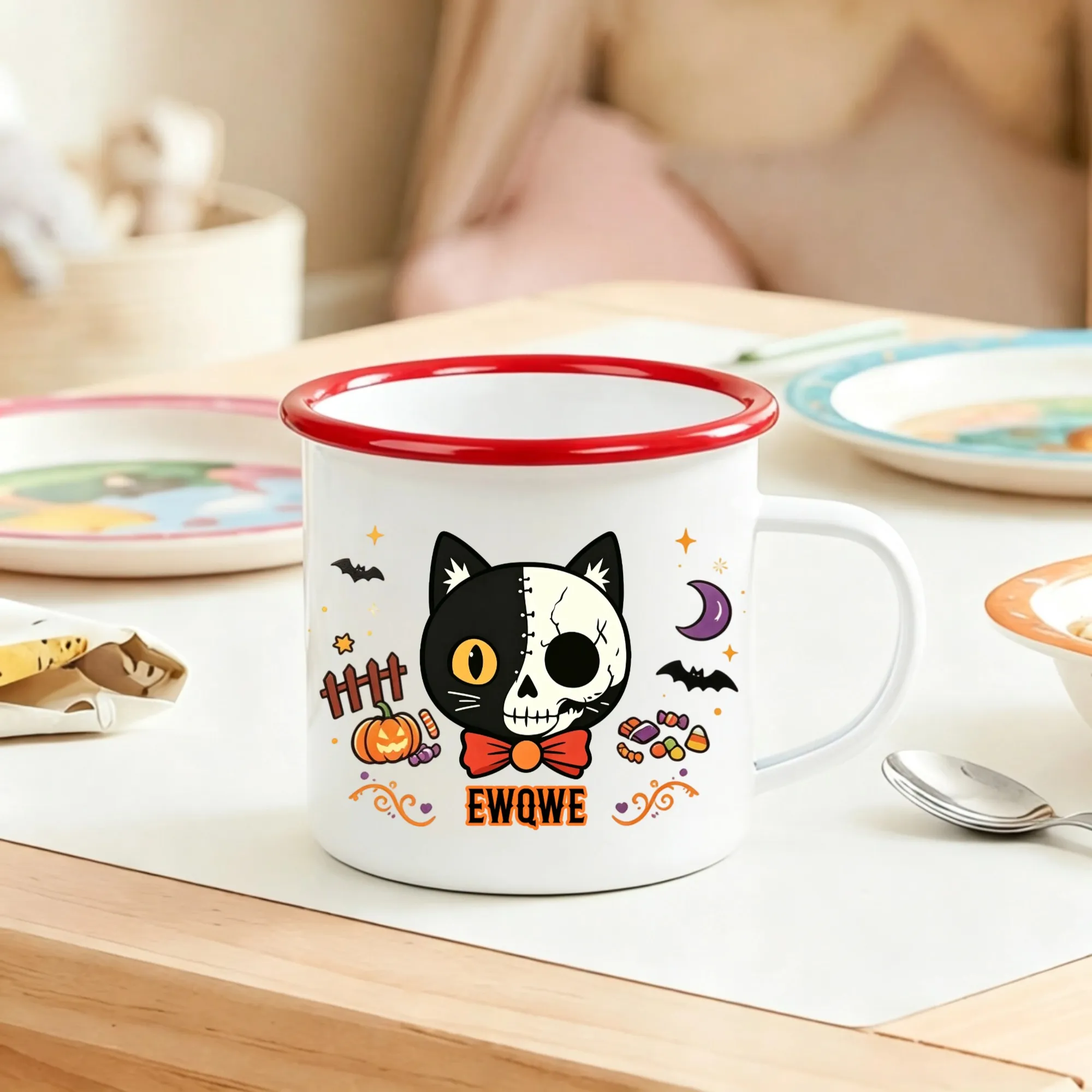 Personalized Halloween Spooky Cat Pumpkin Moon 11 oz Enamel Mug with Name Holiday Decor Halloween Party Gift for Boys Girls