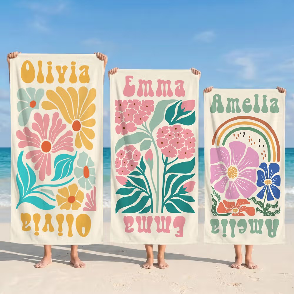 Personalized Retro Floral Oversized Quick Dry Magnetic Beach Towel with Name Summer Vacation Beach Party Birthday Gift for Girls Friends