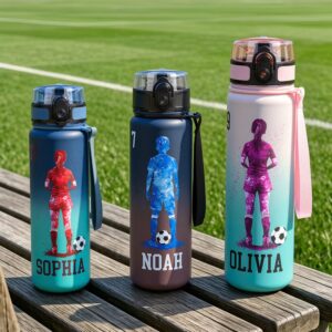 Personalized Soccer Character Silhouette Name Gradient Sports BPA-free Water Bottle with Flip Top Lid Gym Birthday Gift for Kid Teenager Soccer Lover