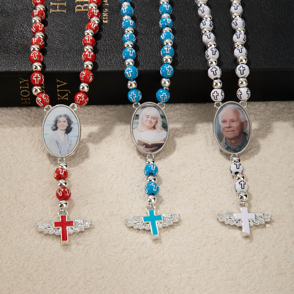 Personalized Photo Cross Beaded Necklace with Angel Wings Cross Pendant Memorial Prayer Religious Gift for Family Christian