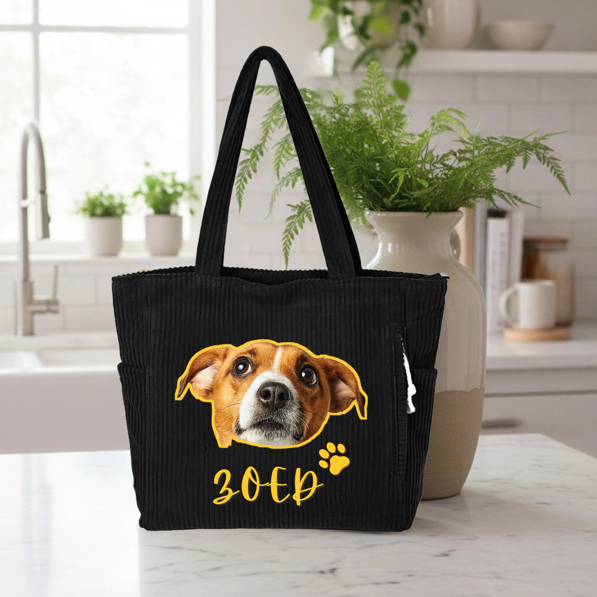 Personalized Pet Photo Large Capacity Corduroy Tote Bag with Name Daily Use Birthday Anniversary Gift for Pet Owner Lover