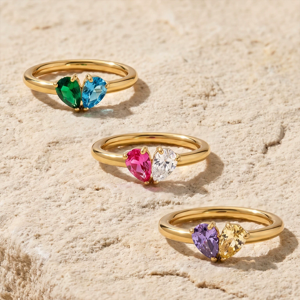 Personalized Two Pear‑Shaped Birthstone Ring, Custom Keepsake Jewelry, The Perfect Gift For Loved Ones