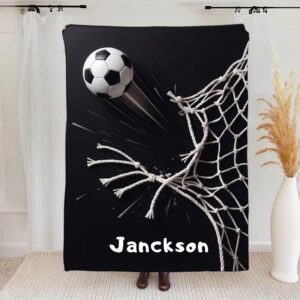 Personalised Soccer Design Black Soft Throw Blanket with Name Home Decor Team Birthday Gift for Soccer Player Lover