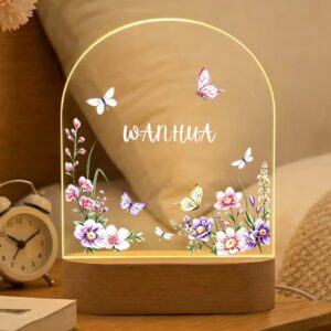 Personalized Cute Floral Acrylic LED Night Light with Name and Wooden Base Room Decoration Birthday Gift for Kids Family