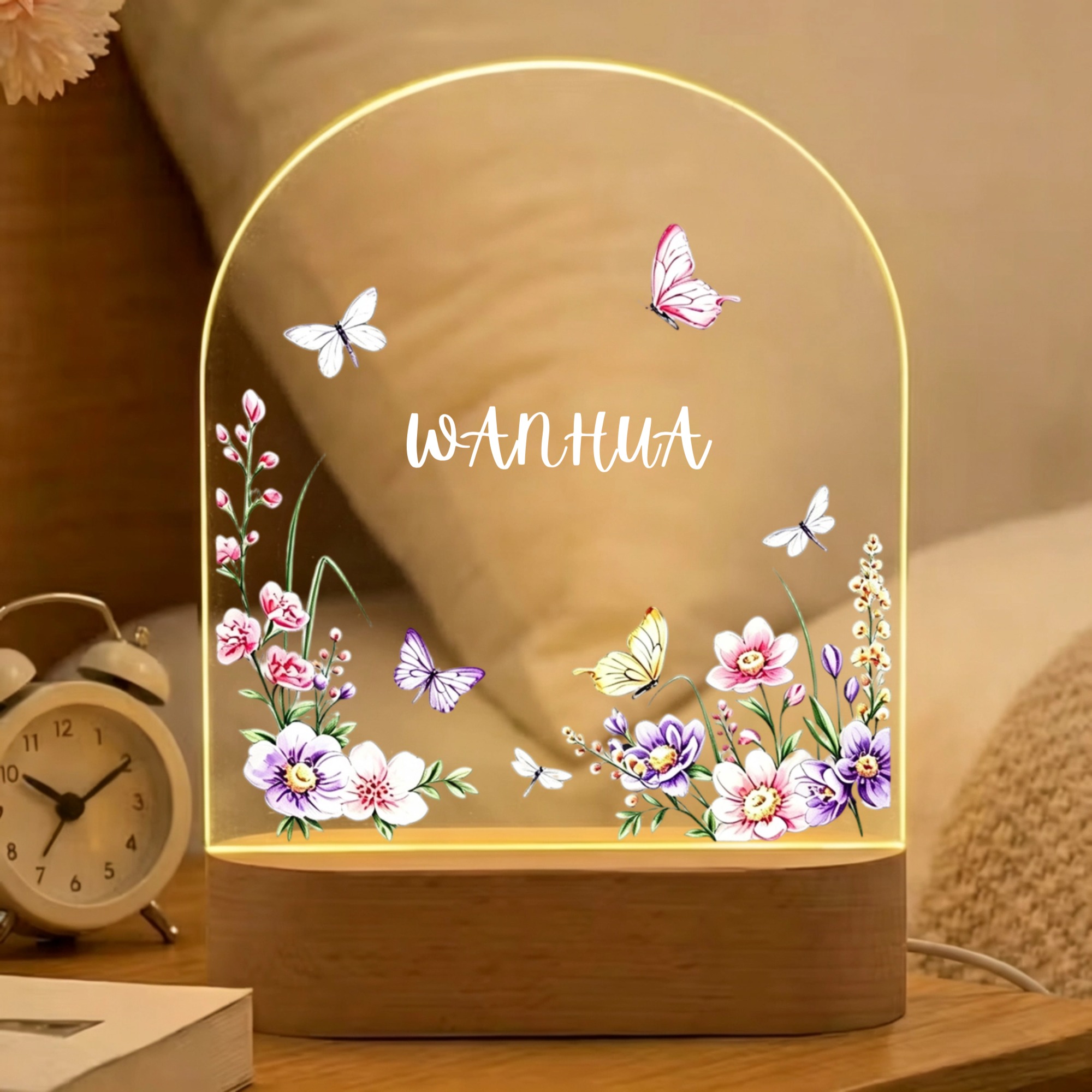 Personalized Cute Floral Acrylic LED Night Light with Name and Wooden Base Room Decoration Birthday Gift for Kids Family