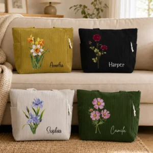 Personalized Multicolor Birth Flower Floral Large Capacity Corduroy Tote Bag with Name Daily Use Birthday Gift for Women Friends