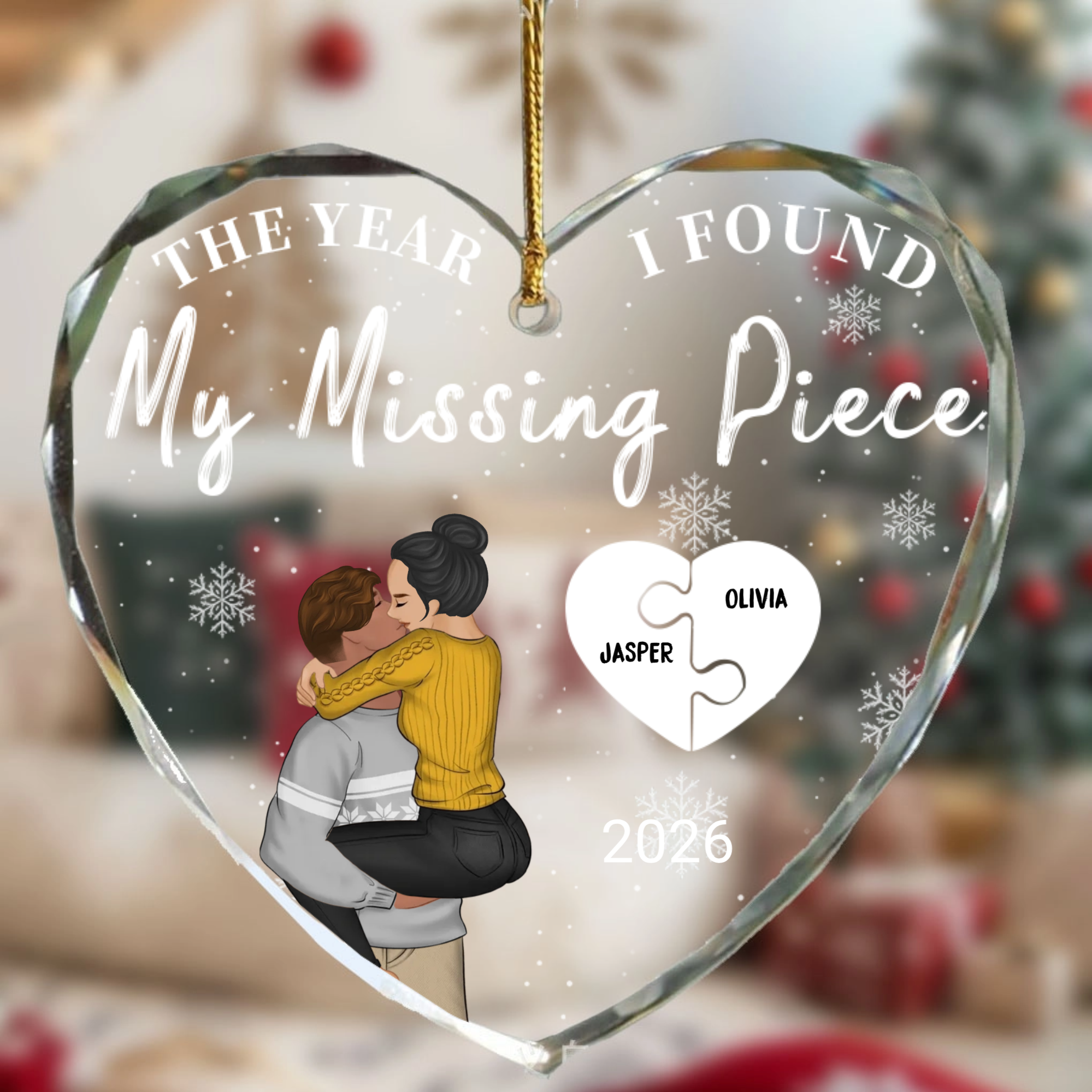 "I Found the Missing Year" — Kissing Couple Personalized Heart-Shaped Crystal Glass Ornament; A Romantic Gift For Your Partner, Also Suitable As A Christmas Or Anniversary Decoration