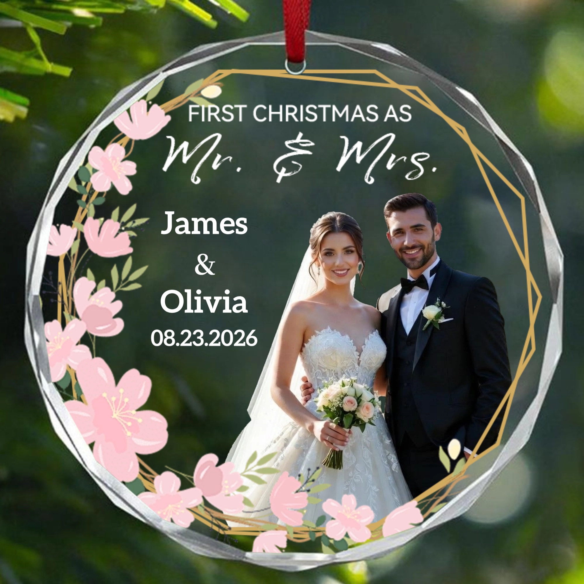 Personalized Crystal Round Ornament, Custom Christmas Keepsake with Photo and Text, First Christmas Gift for Couples, Wedding, Anniversary