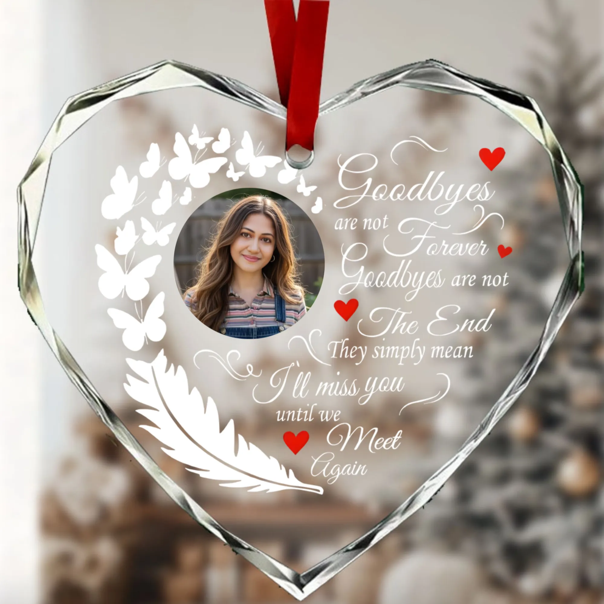 Personalized Heart-Shaped Crystal Glass Pendant – Custom Photo And Text; A Heartfelt Keepsake For Those Mourning A Loved One.