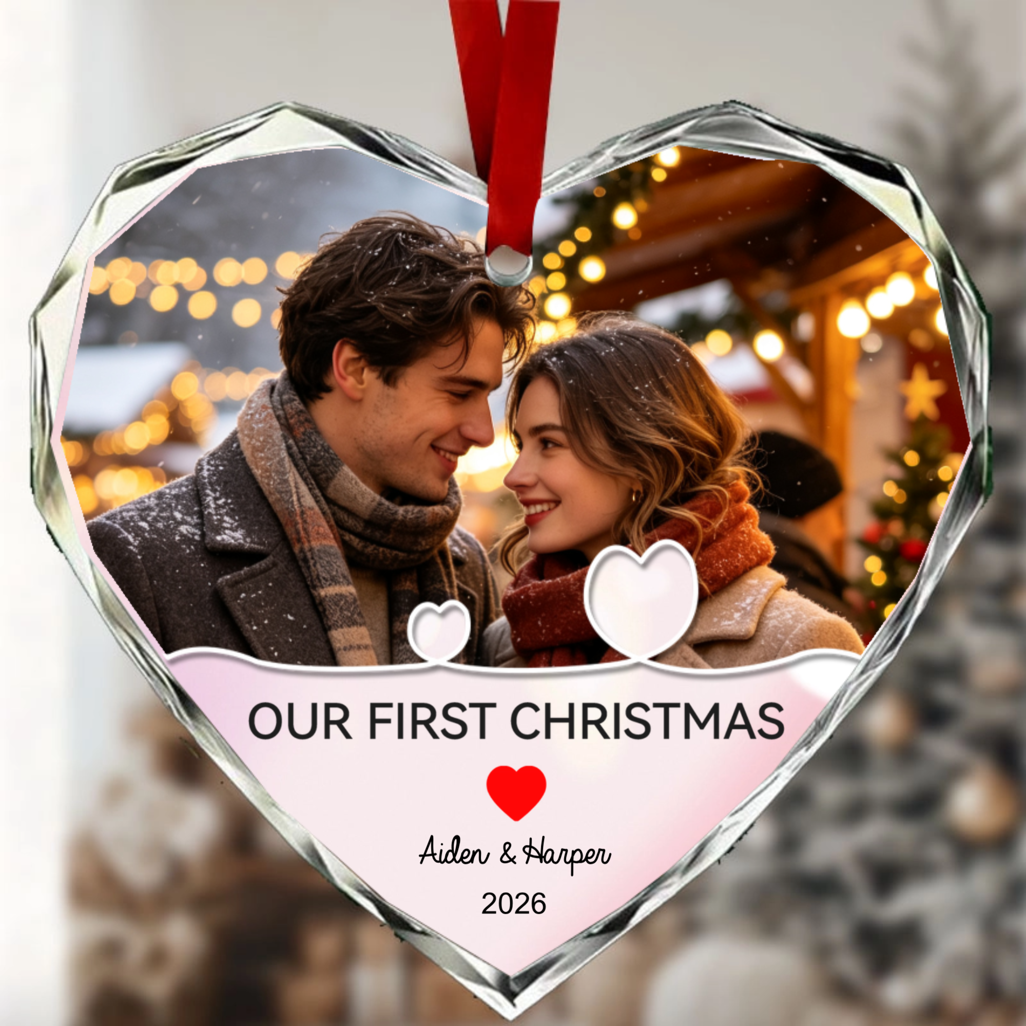 Custom Heart Shaped Glass Ornament, Personalized Photo with Names and Year, Romantic Gift for Couples, Our First Christmas Decoration