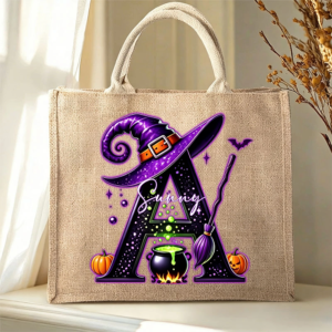 Personalized Magic Pot and Witch Hat Initial Large Jute Tote Bag with Name Trick or Treat Halloween Party Gift for Women Kids