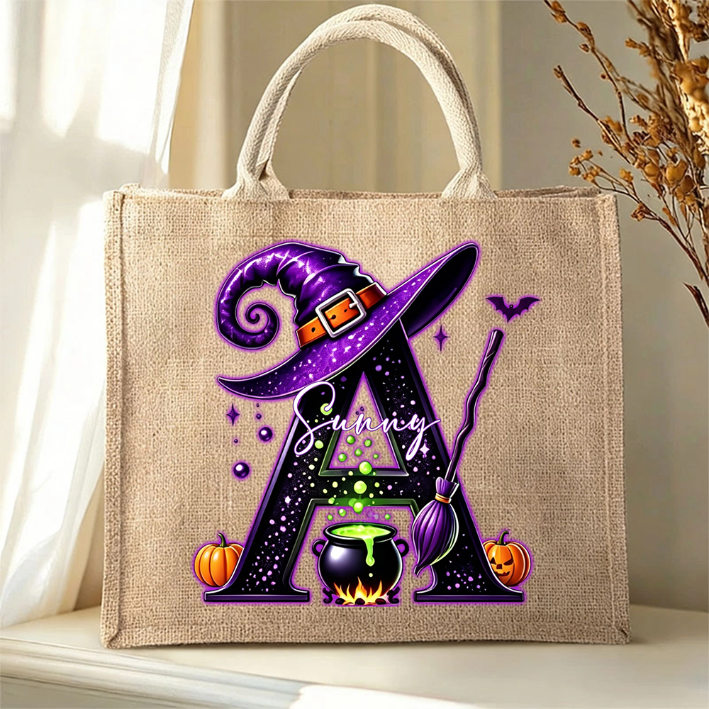 Personalized Magic Pot and Witch Hat Initial Large Jute Tote Bag with Name Trick or Treat Halloween Party Gift for Women Kids