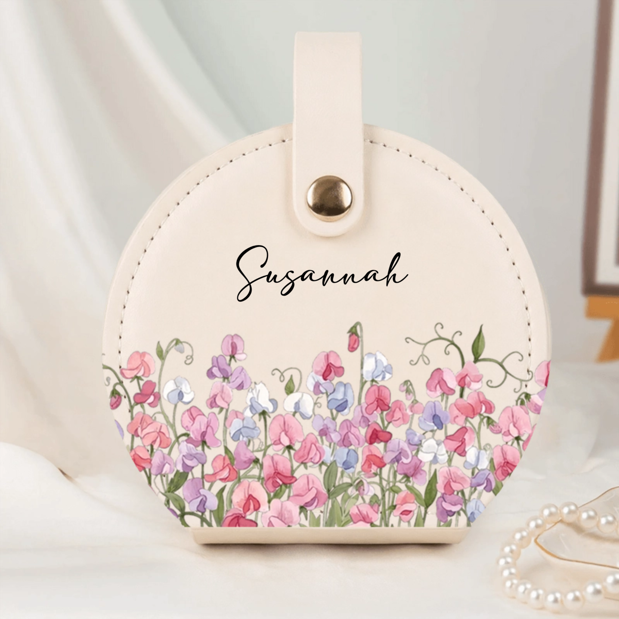 Handled Travel Jewelry Box, Personalized Birth Flower & Custom Name Ring Holder, Gift for Her with Multiple Compartments