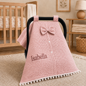 Personalized Waffle Cotton Baby Car Seat Cover, Custom Name Pram Canopy, Stroller Sun Shade Cover, Fall Travel Accessories, Baby Shower Gift