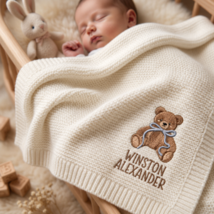 Personalized Embroidered Teddy Bear Baby Blanket with Name - Custom Knit Newborn Gift, Gift For Baby, Nursery Keepsake, Newborn Gift