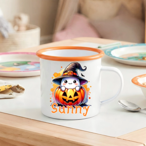 Personalized Cute Ghost Pumpkin 12 oz Enamel Mug with Name Trick or Treat Use Halloween Party Gift for Boys Girls