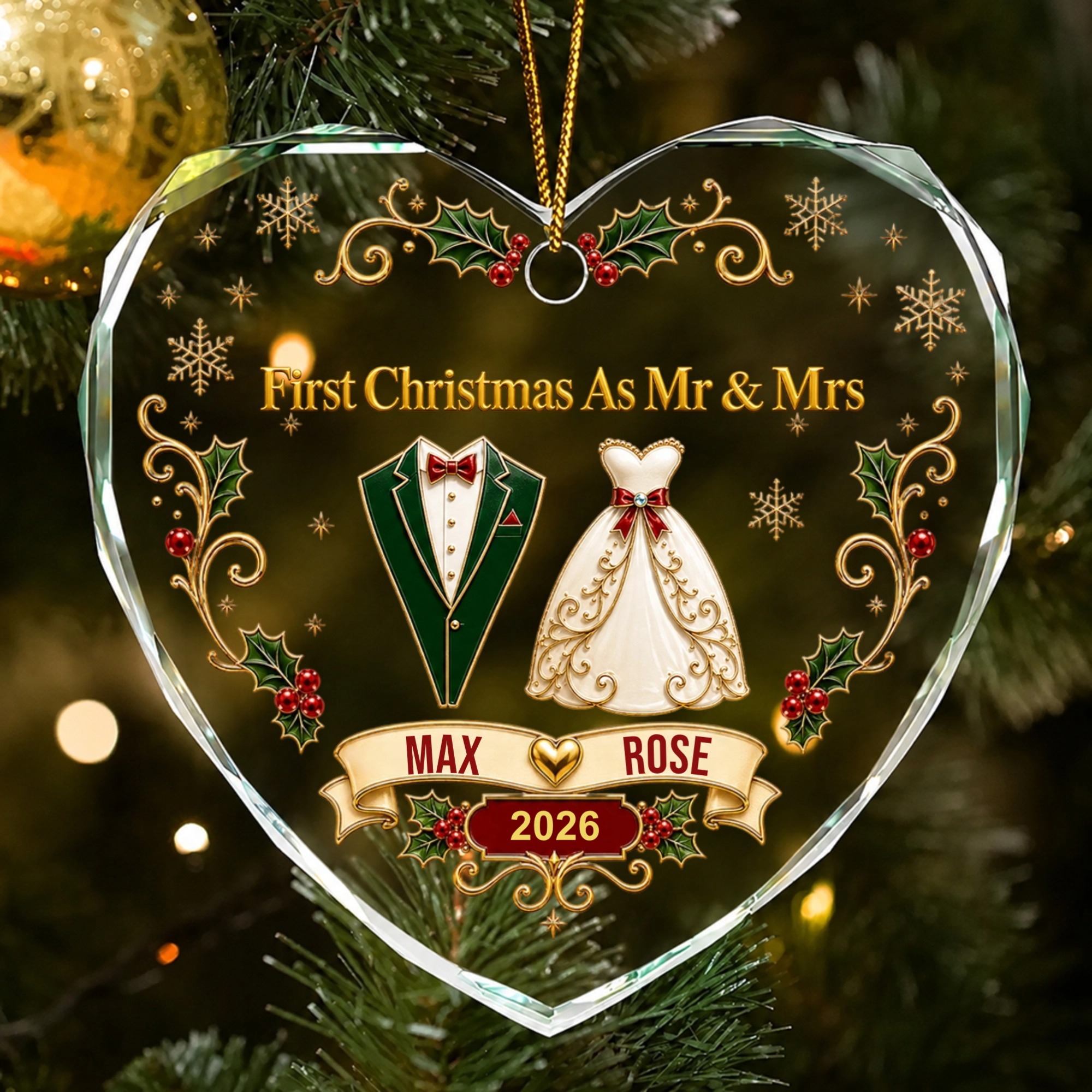 First Christmas As Mr. & Mrs. Vintage - Personalized Heart Shaped Glass Ornament