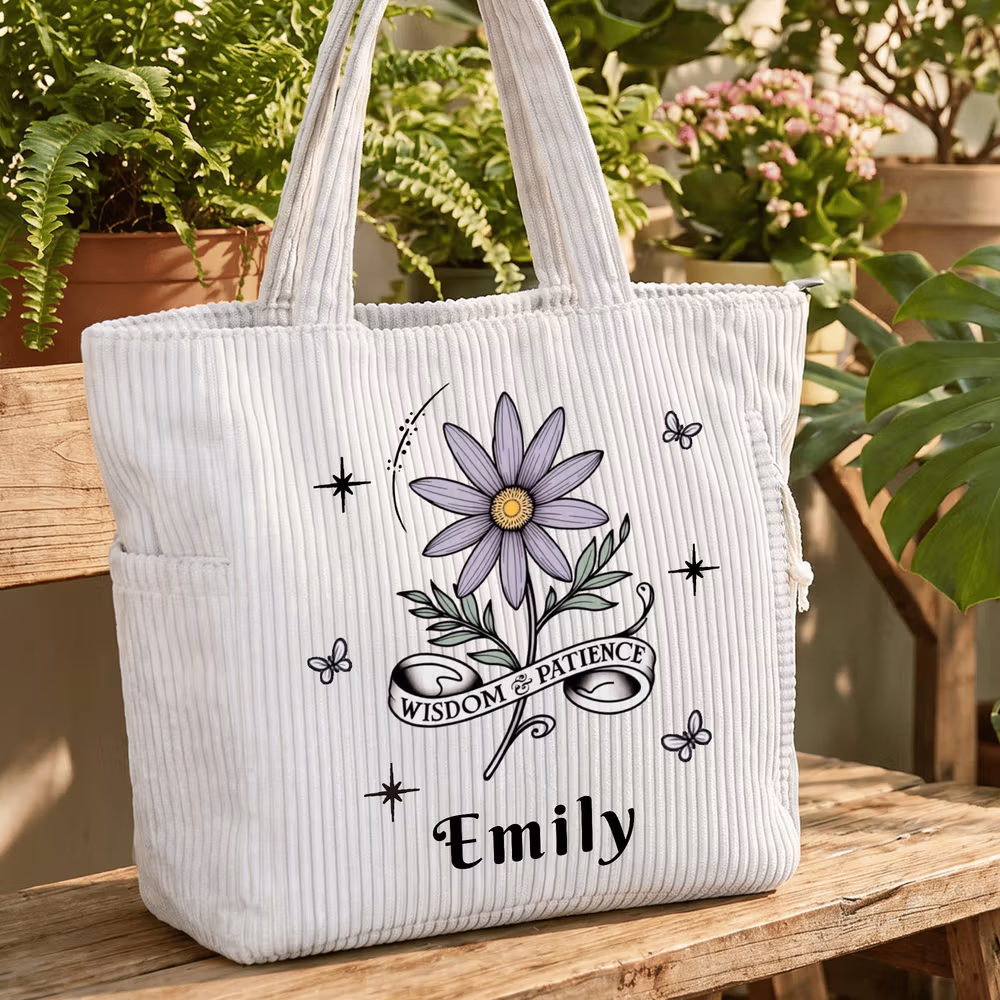 Personalized Retro Birth Flower Multicolor Large Capacity Corduroy Tote Bag with Name Travel Daily Use Birthday Anniversary Gift for Women