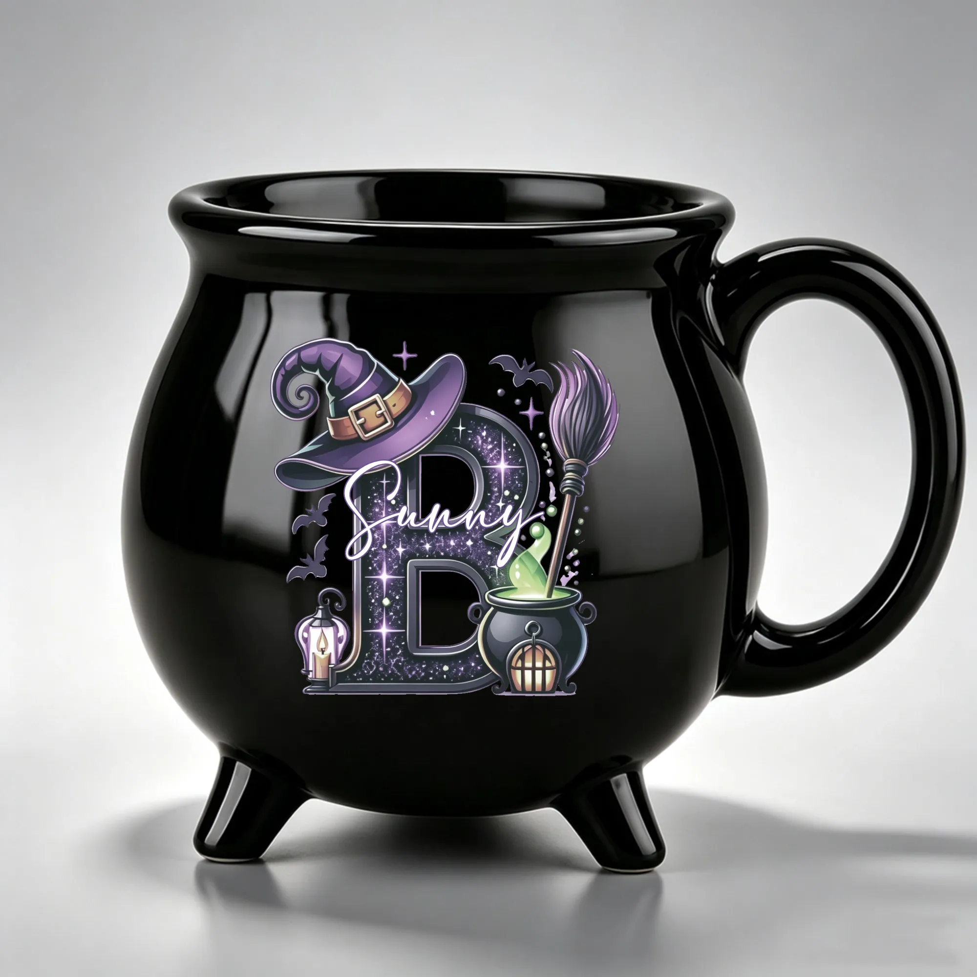 Personalized Magic Pot and Witch Hat Glitter Initial Black Cauldron Ceramic Coffee Mug with Name Trick or Treat Halloween Party Gift for Women Kids