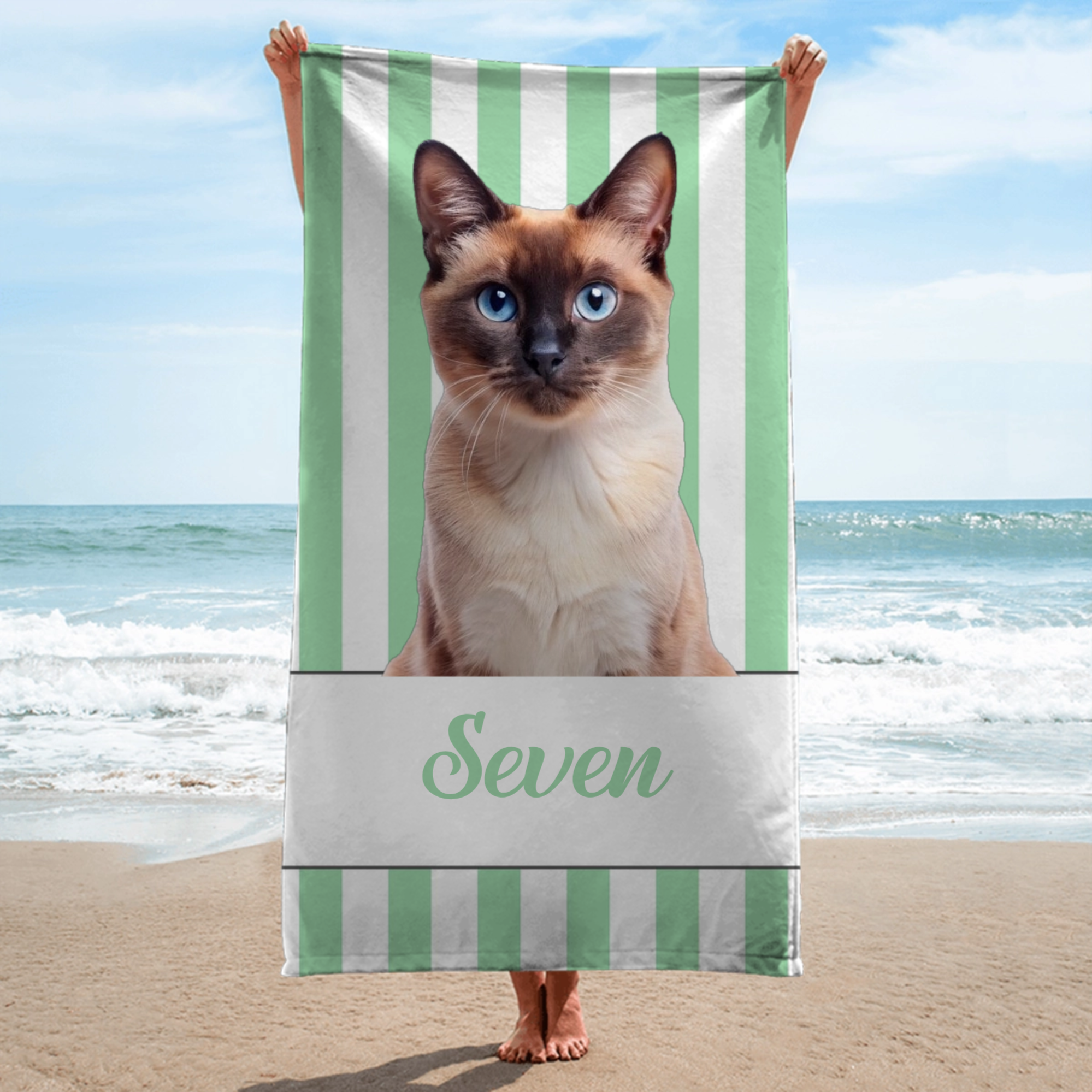Personalized Pet Photo Striped Beach Towel, Custom Name Microfiber Towel for Pet Lovers, Gifts for Dog & Cat Owners, Vacation & Pool