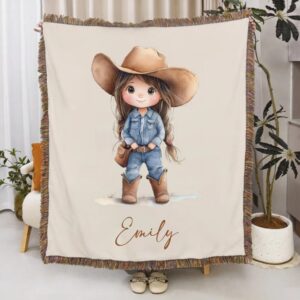 Personalized Cartoon Cowboy Blanket, Custom Name 40 Designs Western Theme Throw, Soft Fleece Blanket for Kids, Birthday Christmas Gift