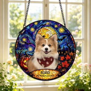 Personalized Stained Glass Style Van Gogh Art Pet Photo Window Hanging Suncatcher with Name Memorial Halloween Gift for Pet Owners