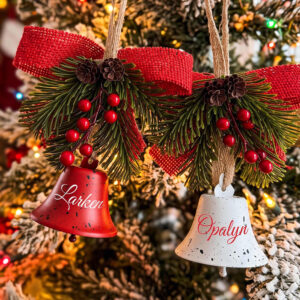 Personalized Christmas Bell Ornament, Custom Name Jingle Bell, Farmhouse Tree Decor with Pine Sprigs Berries, Family Stocking Stuffer Gift
