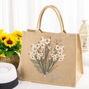 Personalized Birth Flower Bouquet Jute Tote Bag with Name Reusable Beach Travel Accessory Bridal Party Birthday Gift for Women Girls