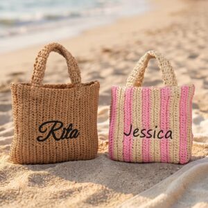 Personalized Colorful Striped Embroidery Name Handmade Paper Raffia Woven Handbag Summer Vacation Beach Pool Party Gift for Women