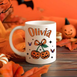 Personalized Cherry Pumpkin 11 oz 15 oz Ceramic Mug with Name Daily Use Halloween Decorations Gift for Family Friends